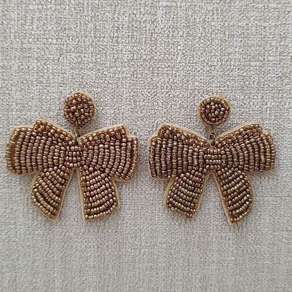 Gold Beaded Bow Pierced Drop Earrings - Picture 1 of 8